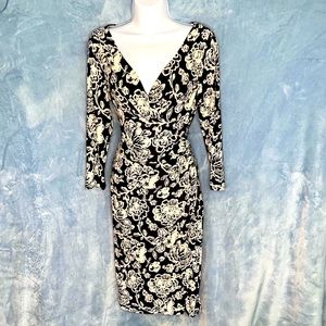 EUC Lauren Ralph Lauren faux wrap surplice neck black & white dress, flattering